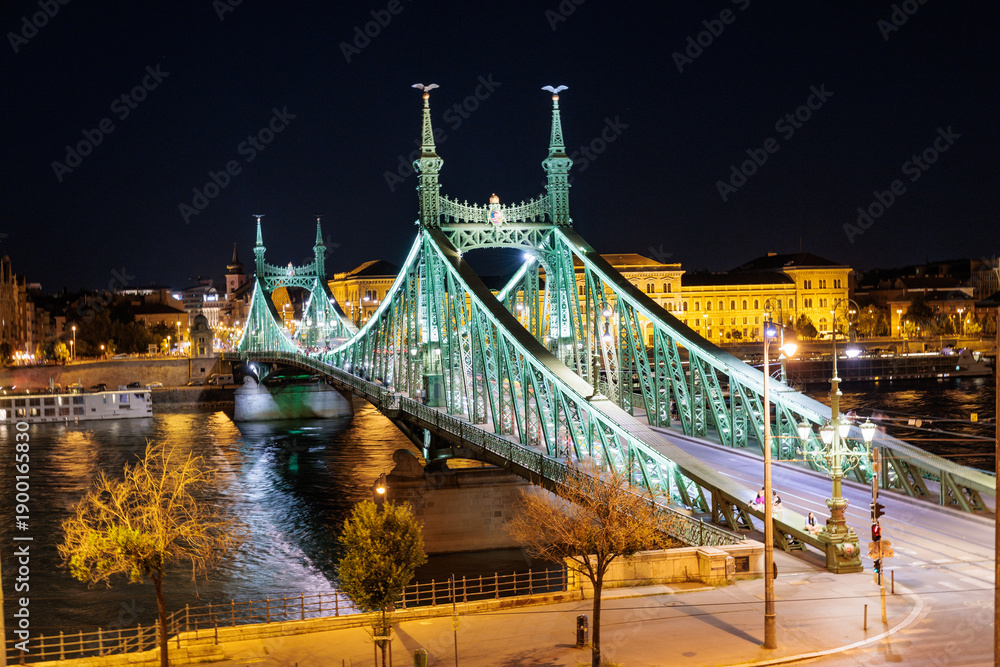 Obraz premium Beleuchtete Freiheitsbrücke in Budapest bei Nacht