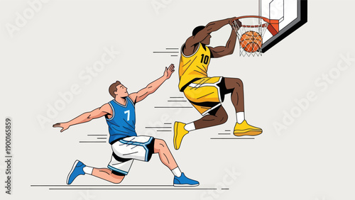 Basketball action player dunking ball with opponent attempting block