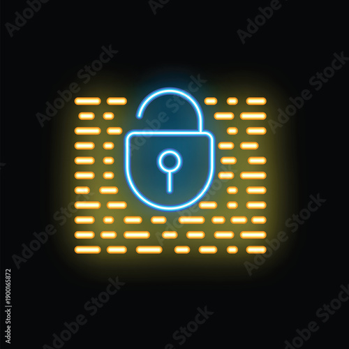 Blue neon open padlock is shining over a yellow grid representing data needing protection