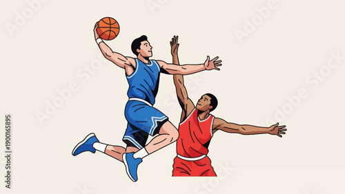 Basketball player jumping for a dunk illustration on cream background