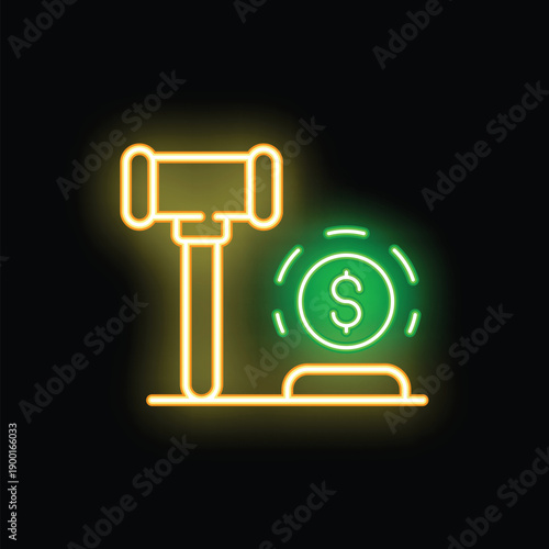 Glowing neon line auction hammer with dollar symbol icon isolated on black background vector illustration