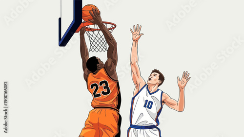 Basketball action player scores a point with the ball at court