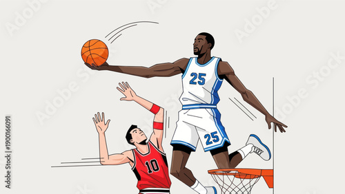 Basketball player jumping for a dunk in an illustrated sports action scene