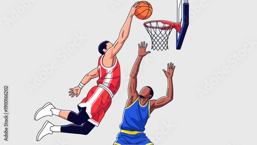 Basketball player jumping for a dunk in modern vector illustration