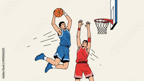 Basketball player jumping for a dunk in modern vector illustration