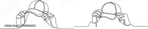 Set of drawing of hands holding baseball cap.one line victor illustration in white Background