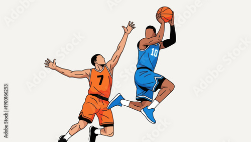 Basketball action players dribbling and jumping for a slam dunk illustration
