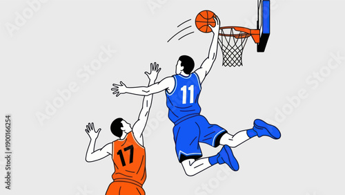 Basketball player jumping for a dunk in modern vector illustration