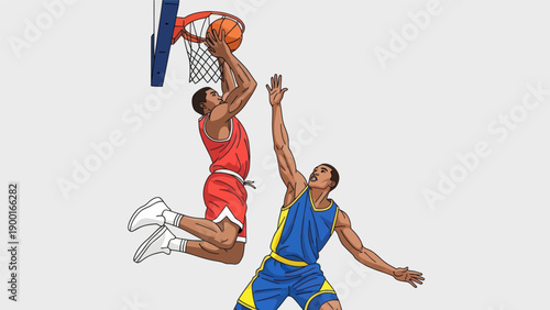Basketball player jumping for a dunk with opponent attempting to block