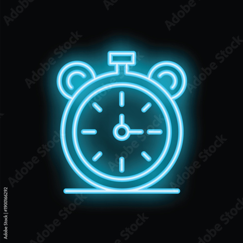 Glowing blue neon sign of an alarm clock showing the time on a black background