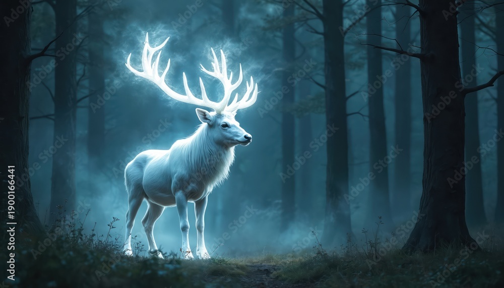 Obraz premium Mystical white stag with glowing antlers stands in dark misty forest. Magical creature emerges from fog on path. Ethereal animal in woods at night.