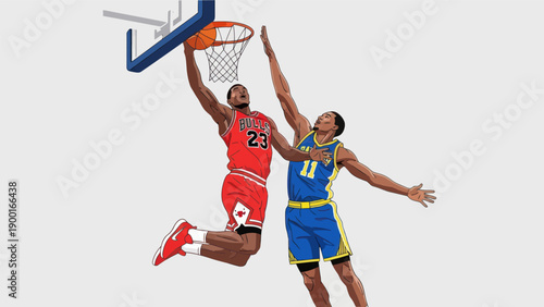 Basketball action players in motion with ball and hoop vector illustration