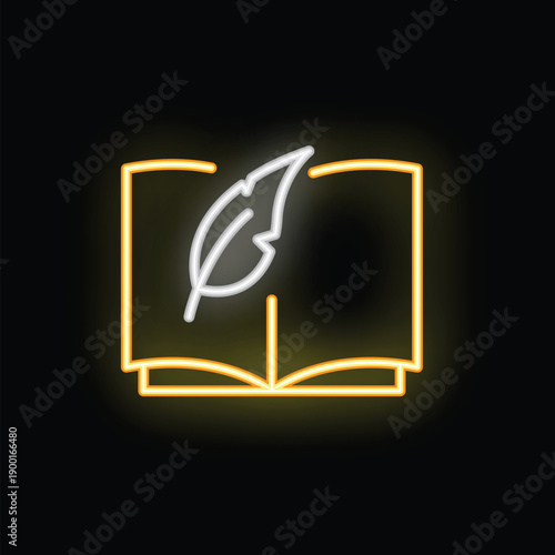 Glowing neon sign of an open book with a feather pen resting on top, symbolizing writing, storytelling, and literature