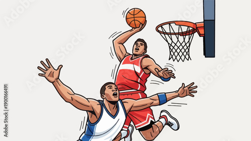 Basketball action players jumping and scoring in dynamic illustrated scene