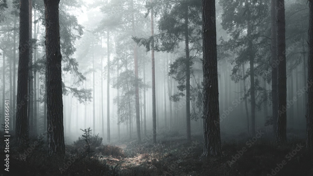 Fototapeta premium Misty Forest with Tall Pine Trees