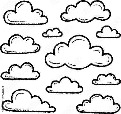 Hand drawn cloud vector set in charcoal sketch style