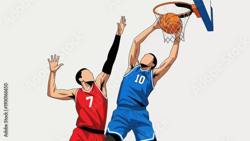 Basketball action players jumping for slam dunk with net in isolated vector