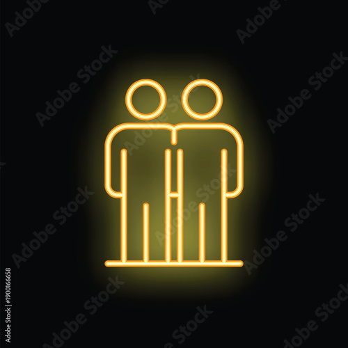 Yellow neon sign symbolizing teamwork with two businessmen standing next to each other