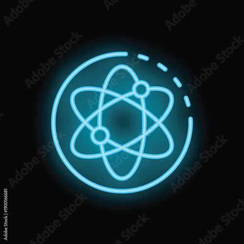 Neon blue icon of an atom with orbiting electrons glowing on a black background