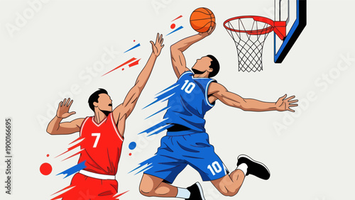 Basketball action players jumping to score in a dynamic vector illustration