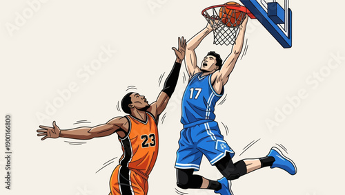 Basketball player dribbles and jumps to score dunk with defensive player