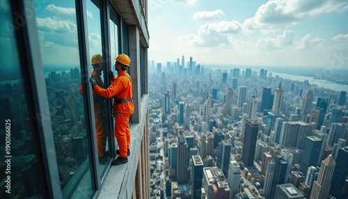 Worker in orange uniform cleans tall building windows high above city skyline. Man on safety harness performs high-risk maintenance task. Urban skyscraper exterior care.