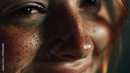 Close-up portrait of a woman's face, nose, and left eye, moody and introspective
