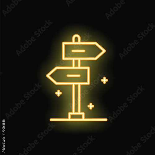 Yellow neon icon of a crossroads sign showing different directions, representing an important decision