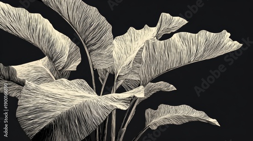Drawing of a plant with a black background. The drawing is in black and white and has a very simple style