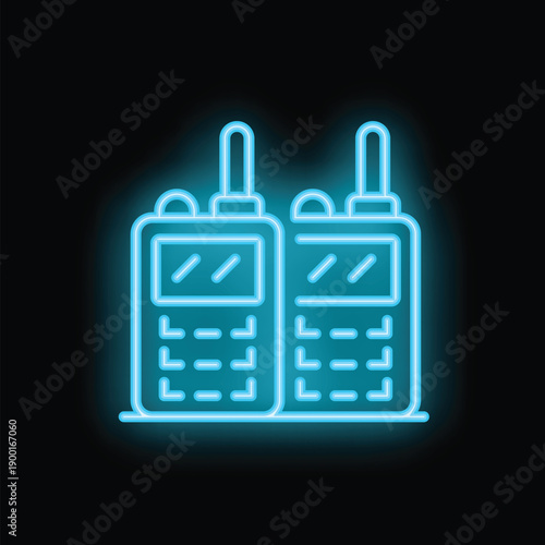 Bright blue neon icon of a pair of walkie talkies glowing against a dark background