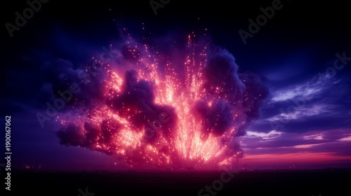 Large explosion with a purple sky in the background. The sky is filled with fireworks