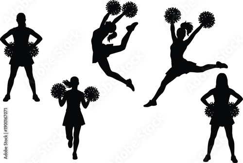 Cheerleader silhouettes set, pom pom dance poses, female cheer squad, jumping leaps kicks, energetic sports spirit, performance icons collection, vector