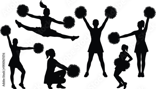 Cheerleader silhouettes set, pom pom dance poses, female cheer squad, jumping splits, energetic sports spirit, dynamic performance icons, vector collection