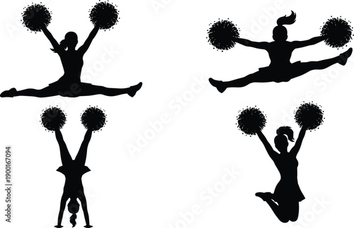 Cheerleader silhouettes set, pom pom jump poses, female cheer squad, split leaps, handstand trick, energetic sports spirit, performance icons, vector