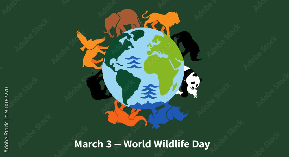 Naklejka premium Vibrant animals surround the globe on World Wildlife Day