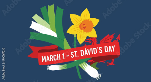 Vibrant St. David's Day celebration with daffodil and leek on Welsh flag