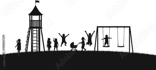 Children playground silhouette, kids playing, swing set, climbing tower, outdoor activity, fun, recreation, stroller, jump, walk, interaction