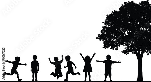 Children playing silhouette, kids jumping, running, outdoor fun, tree scene, nature, park activity, joyful movement, freedom, childhood energy