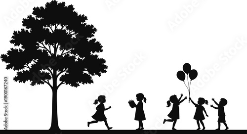 Children playing silhouette, tree and kids vector, outdoor fun illustration, childhood activity graphic, nature scene, black isolated design
