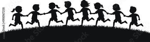 Children running silhouette, kids holding hands, outdoor play, grassy hill, friendship, unity, fun, childhood activity, community, happy movement