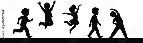Children silhouette illustration, active movement, physical activity, running pose, jumping child, stretching figure, playful energy, black vector, fitness theme, youth exercise