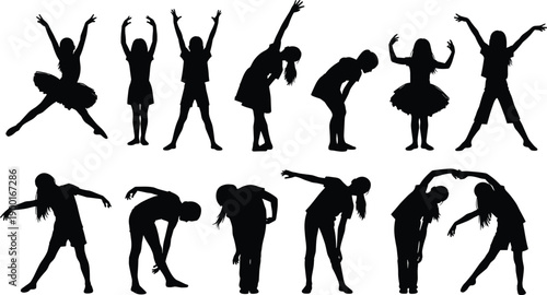 Children silhouette, dance movement, exercise pose, ballet practice, fitness activity, playful motion, dynamic energy, stretching posture, joyful rhythm, healthy lifestyle, coordination