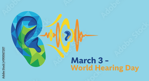 Vibrant illustration for World Hearing Day on March 3rd with ear and sound wave