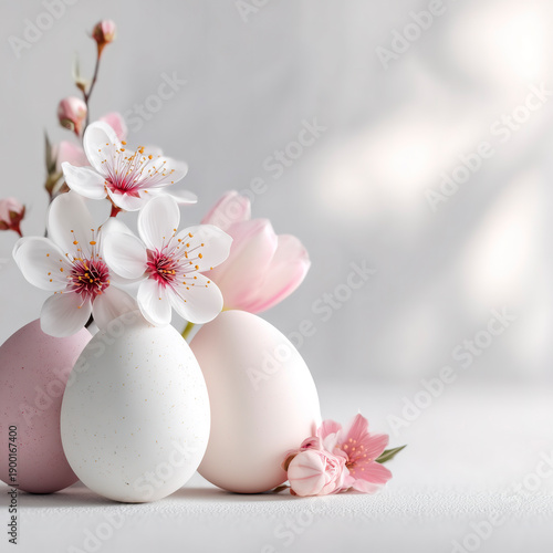 Pastel Easter Eggs with Spring Blossoms on Light Background
