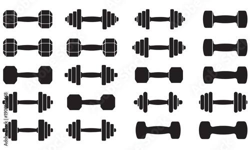 Dumbbell Silhouette Icon Set – Hex and Adjustable Gym Weights Vector
