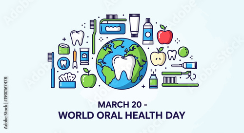 Vibrant World Oral Health Day illustration with dental care icons and globe