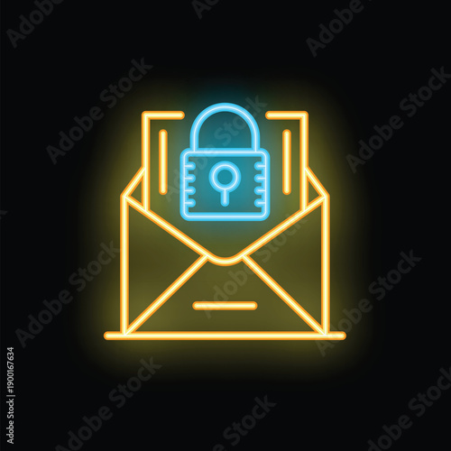 Neon icon of an email being protected by a padlock, representing the concept of email security