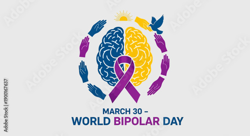 World Bipolar Day awareness graphic with purple ribbon and hands