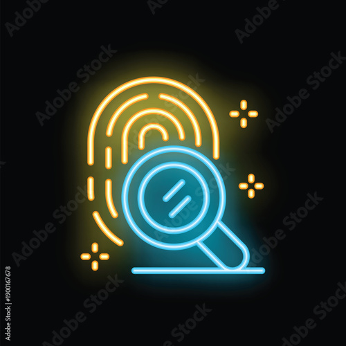 Glowing neon icon of a magnifying glass examining a fingerprint, representing forensic science and criminal investigation