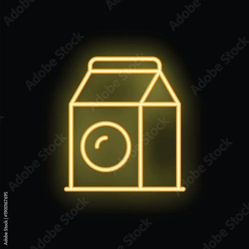 Yellow neon sign of a milk or juice carton glowing on a wall at night
